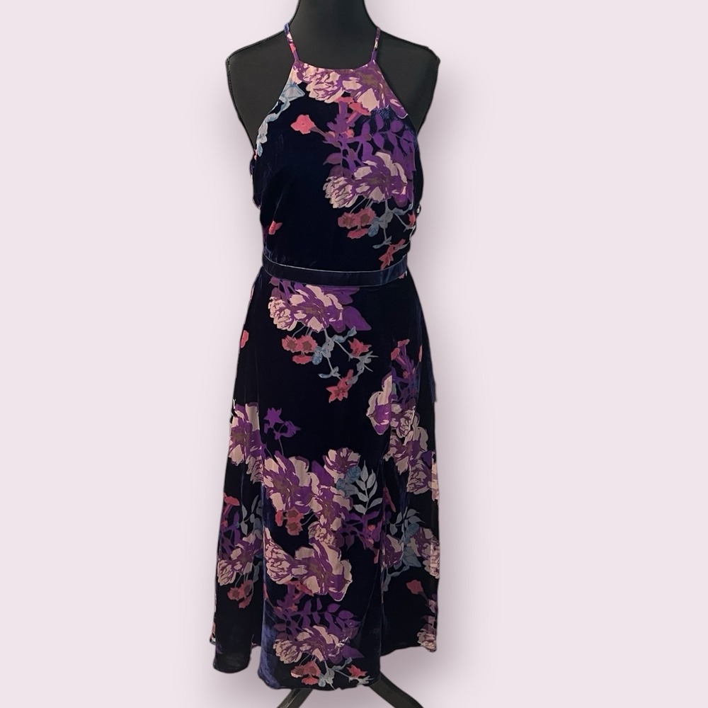 NWT Lulus Endearing Style‎ Navy Floral Burnout Velvet Halter Midi Dress Small - Picture 8 of 16